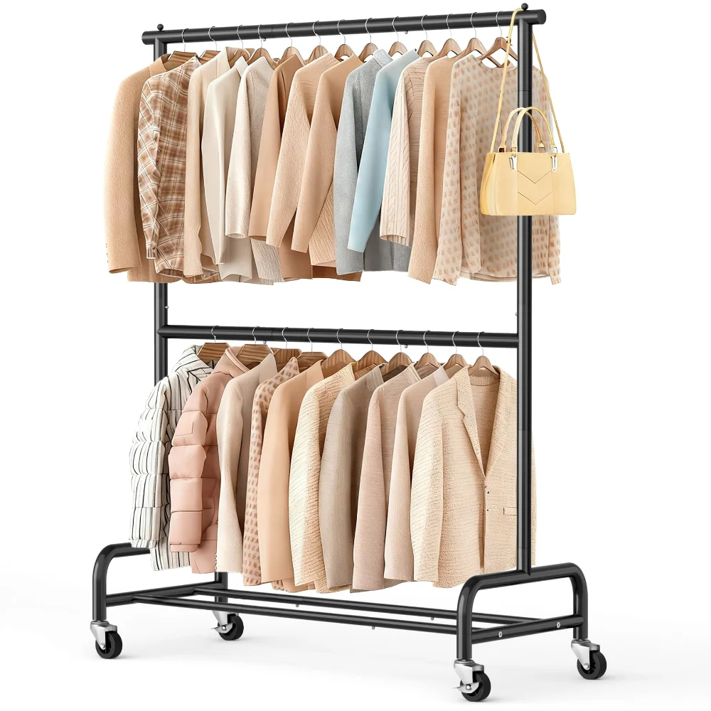 Sleeping Lamb 43-Inch Rolling Garment Rack, Black, Double Rod
