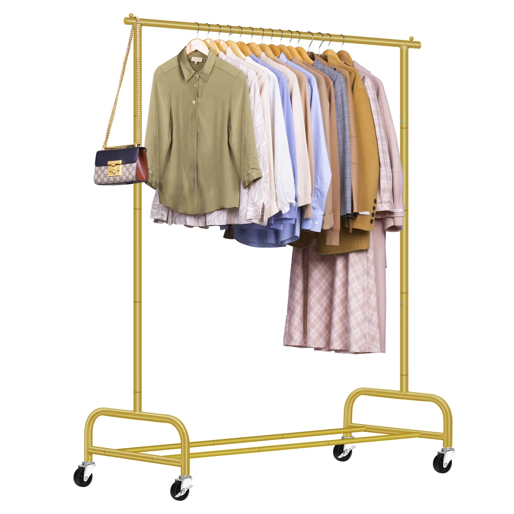 Sleeping Lamb 43-Inch Rolling Garment Rack, Gold, Single Rod