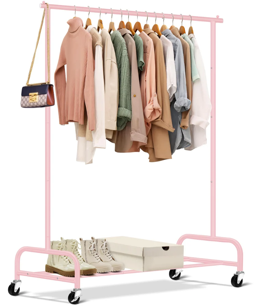 Sleeping Lamb 43-Inch Rolling Garment Rack, Pink, Single Rod
