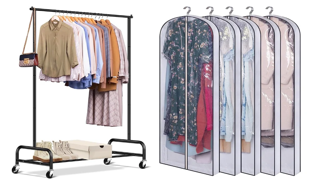 Sleeping Lamb set: 43" wide heavy duty clothing racks + 60" long hanging garment bags