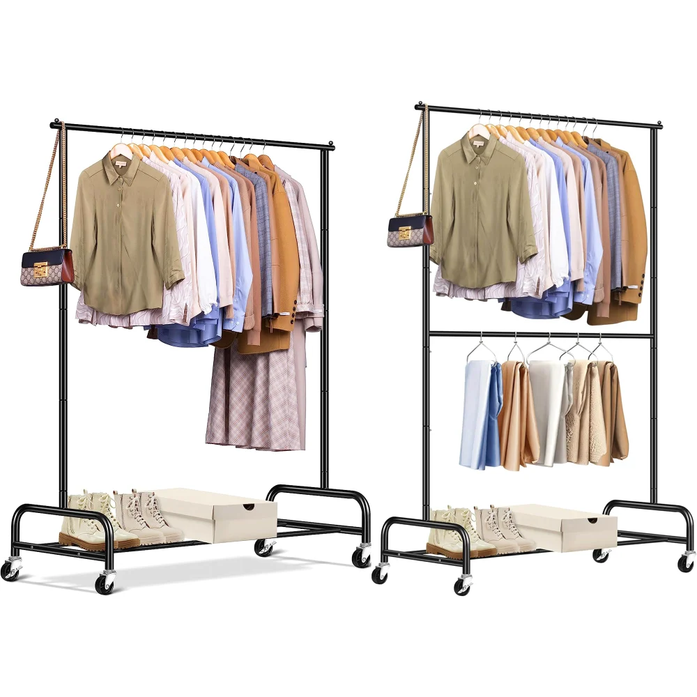 Sleeping Lamb set: 43" rolling garment rack + double rod clothes rack