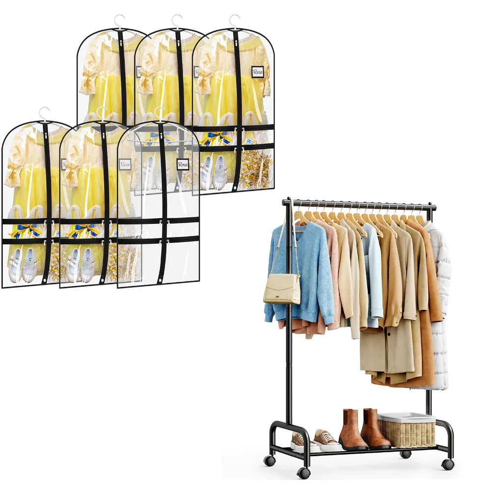 Sleeping Lamb set: 6-pack clear dance garment bags + heavy duty clothes rack