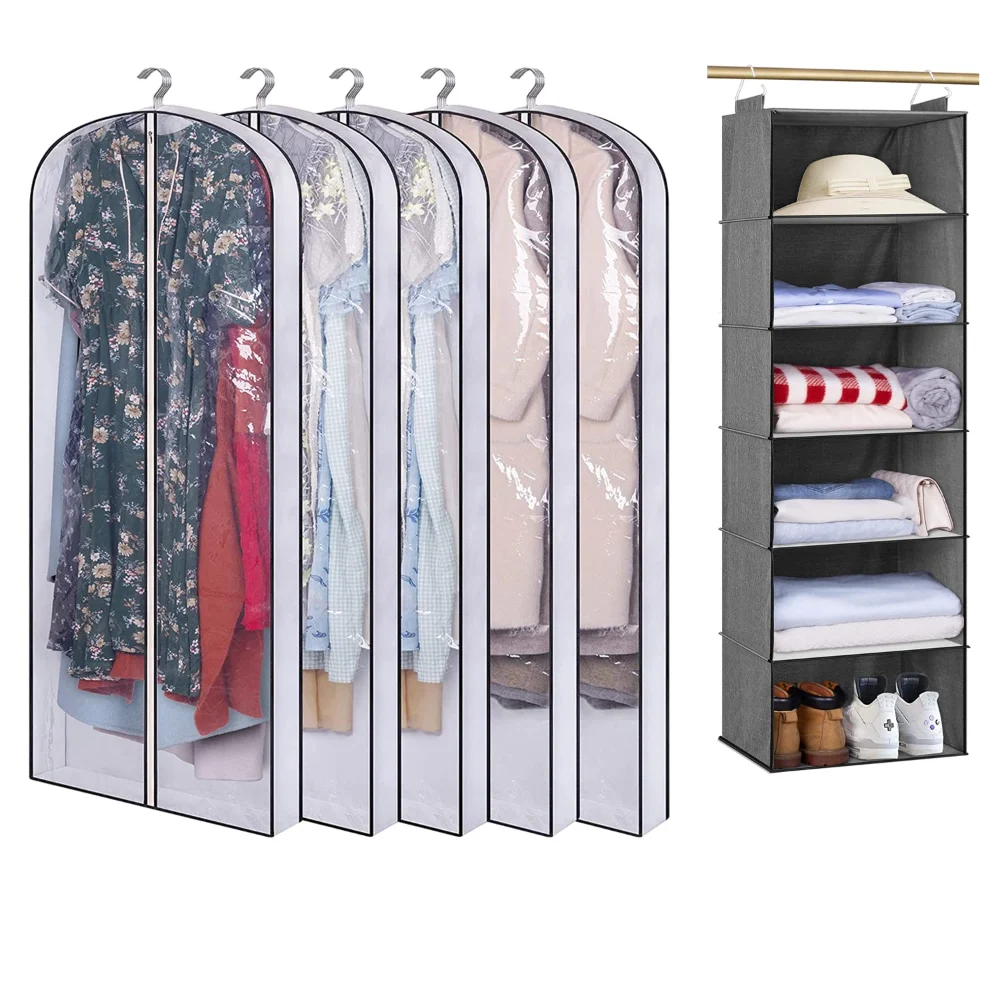Sleeping Lamb set: 60" hanging garment bags + 6-shelf hanging closet organizer
