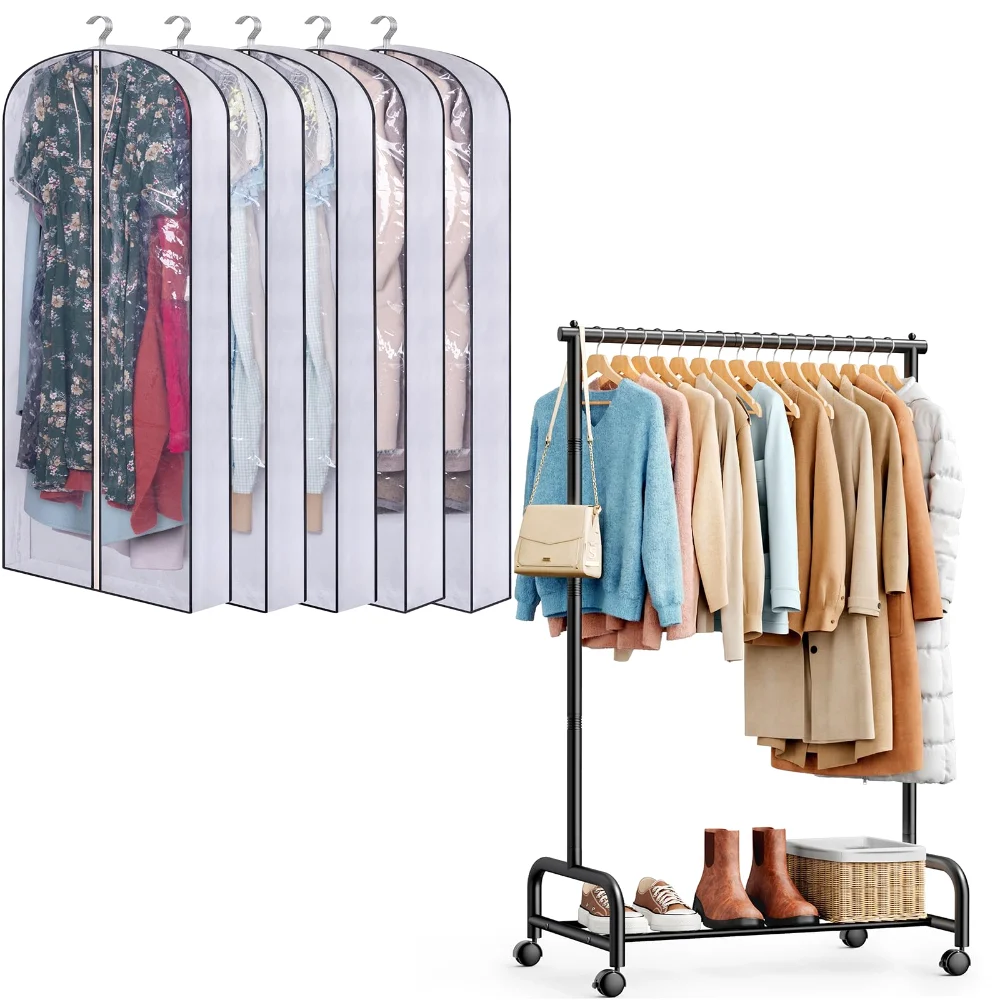 Sleeping Lamb set: 60" long hanging garment bags + heavy duty clothes rack