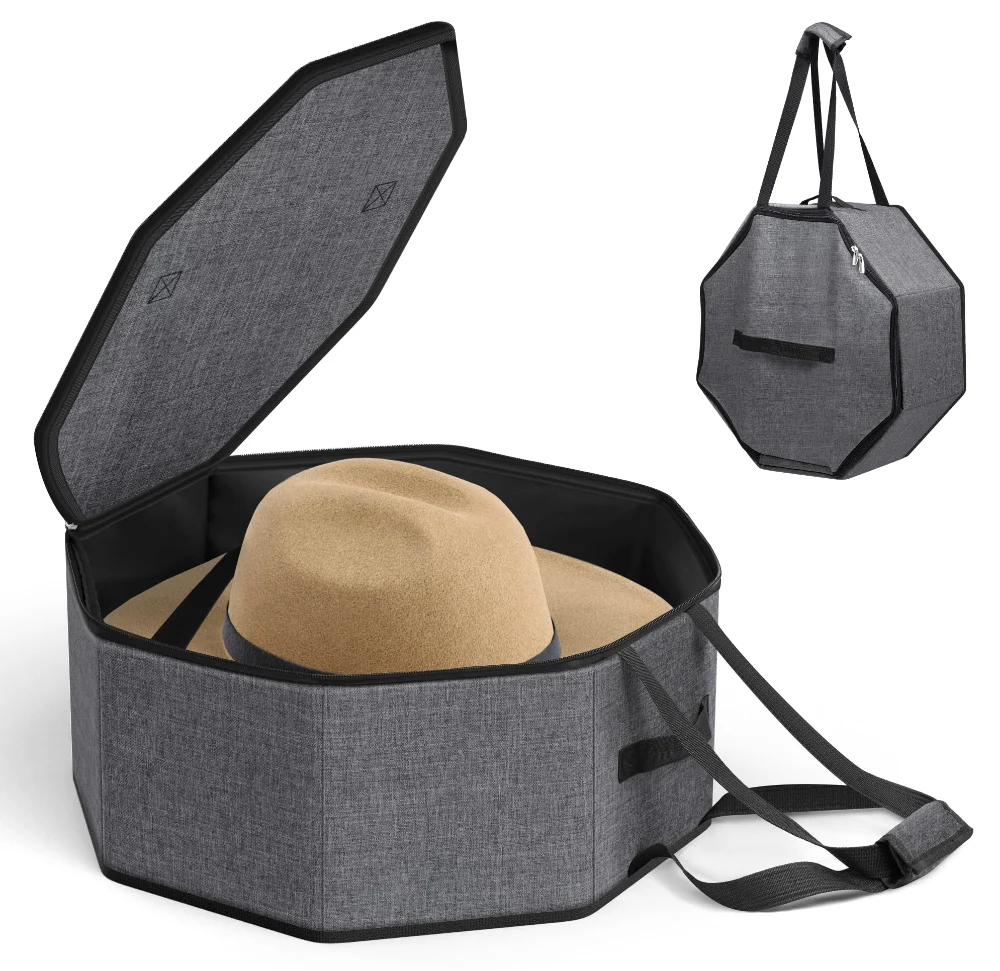 Sleeping Lamb Collapsible Hat Box with Shoulder Strap, Grey, 16" box