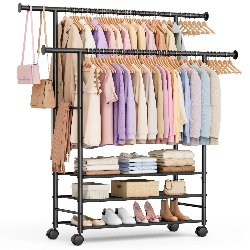 Sleeping Lamb Double Rod Clothes Rack with 3 Fabric Shelves, Black