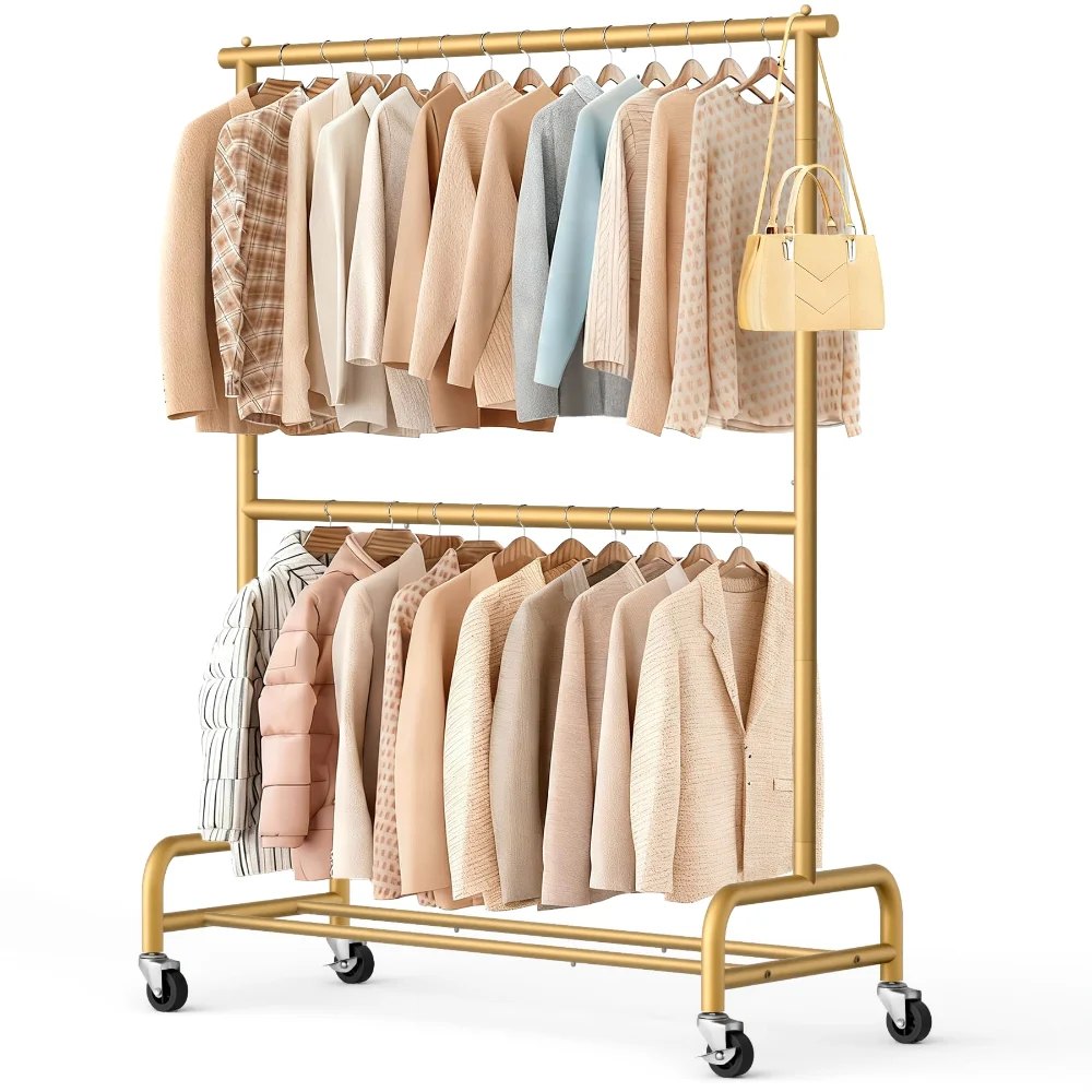 Sleeping Lamb Double Rod Rolling Garment Rack, Gold
