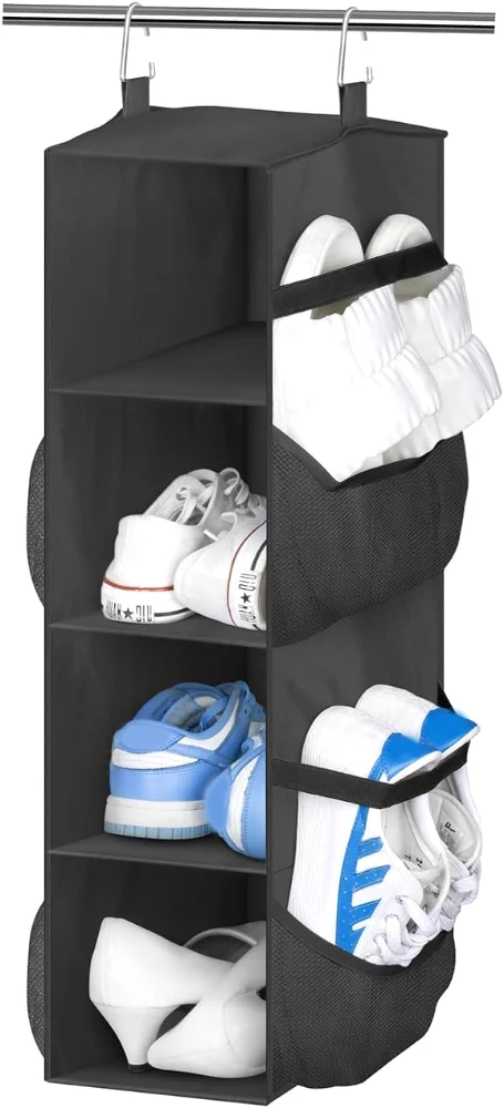 Sleeping Lamb Hanging Closet Shoe Organizer with Mesh Pockets, Black, 25"