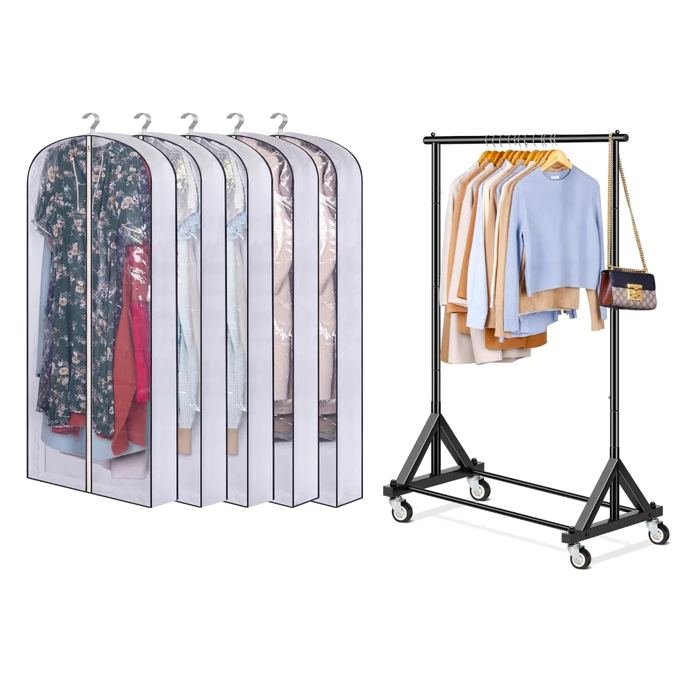 Sleeping Lamb set: Heavy duty clothes rack + 5-pack 60" garment bags
