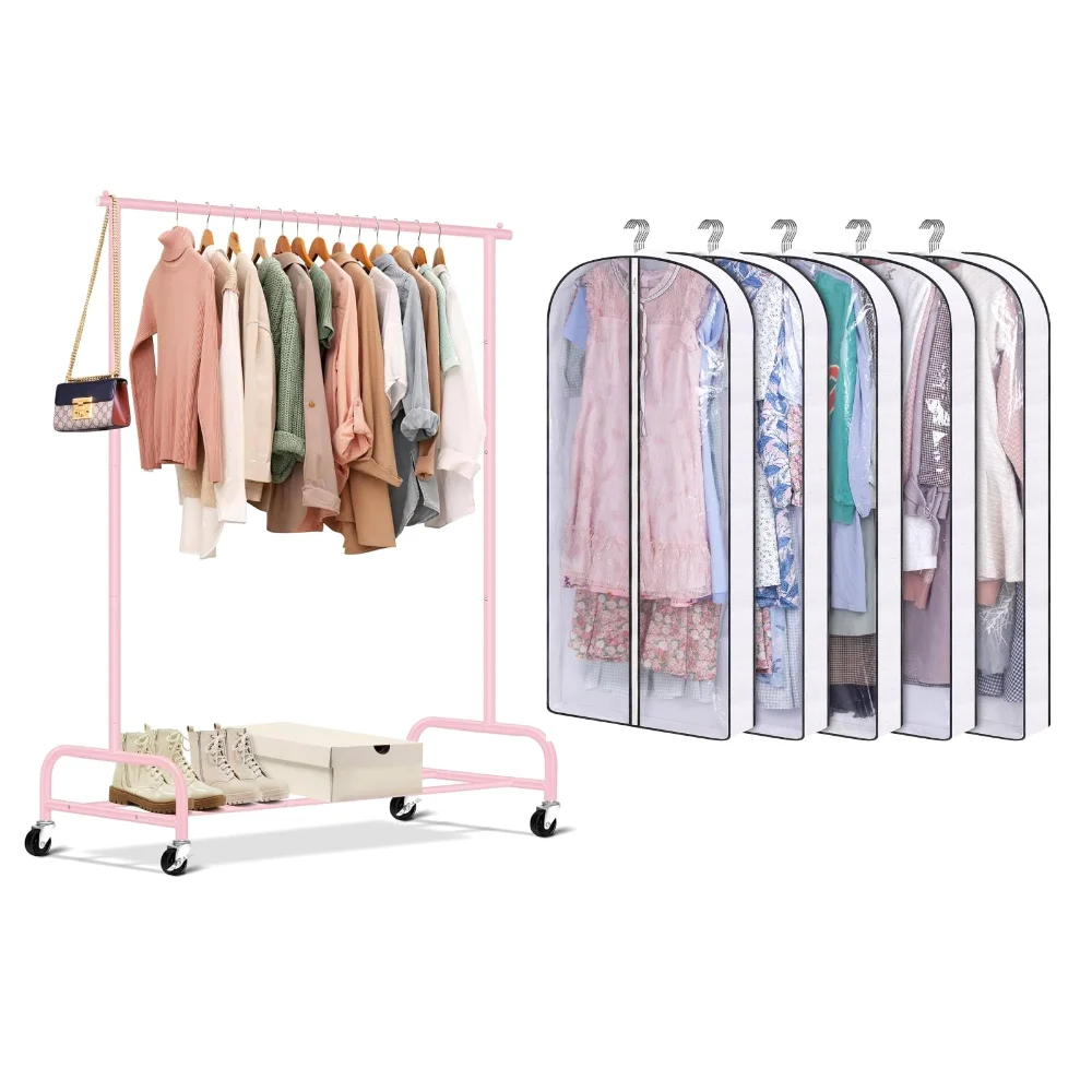 Sleeping Lamb set: Heavy duty clothes rack + 6-pack 50" clear garment bags