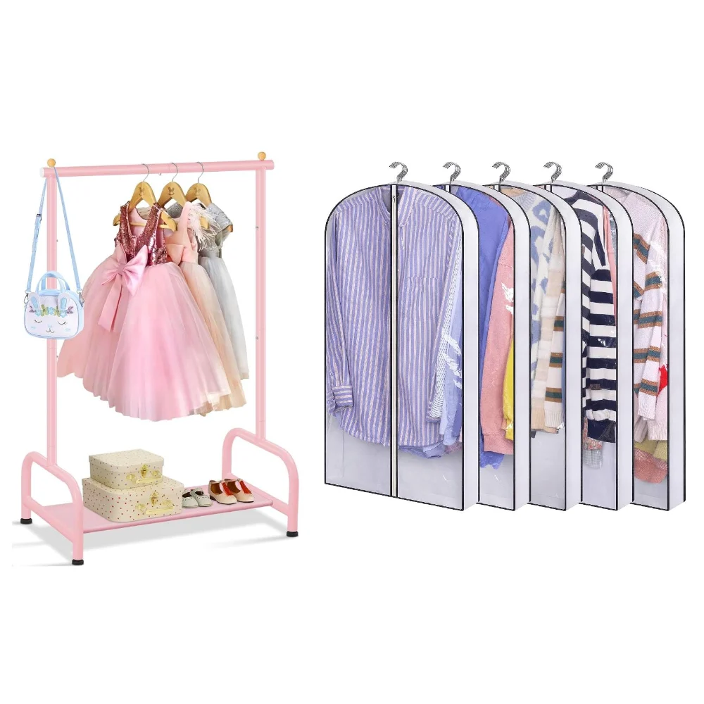 Sleeping Lamb set: Kids clothes rack + 5-pack 40" clear garment bags