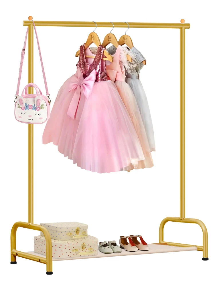 Sleeping Lamb Kids Clothing Rack with Bottom Shelf, Gold, Single Rod