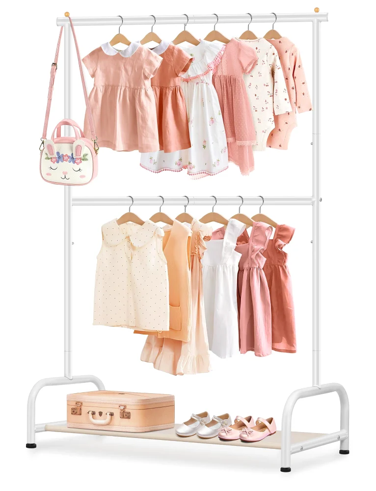 Sleeping Lamb Kids Clothing Rack with Bottom Shelf, White, Double Rod