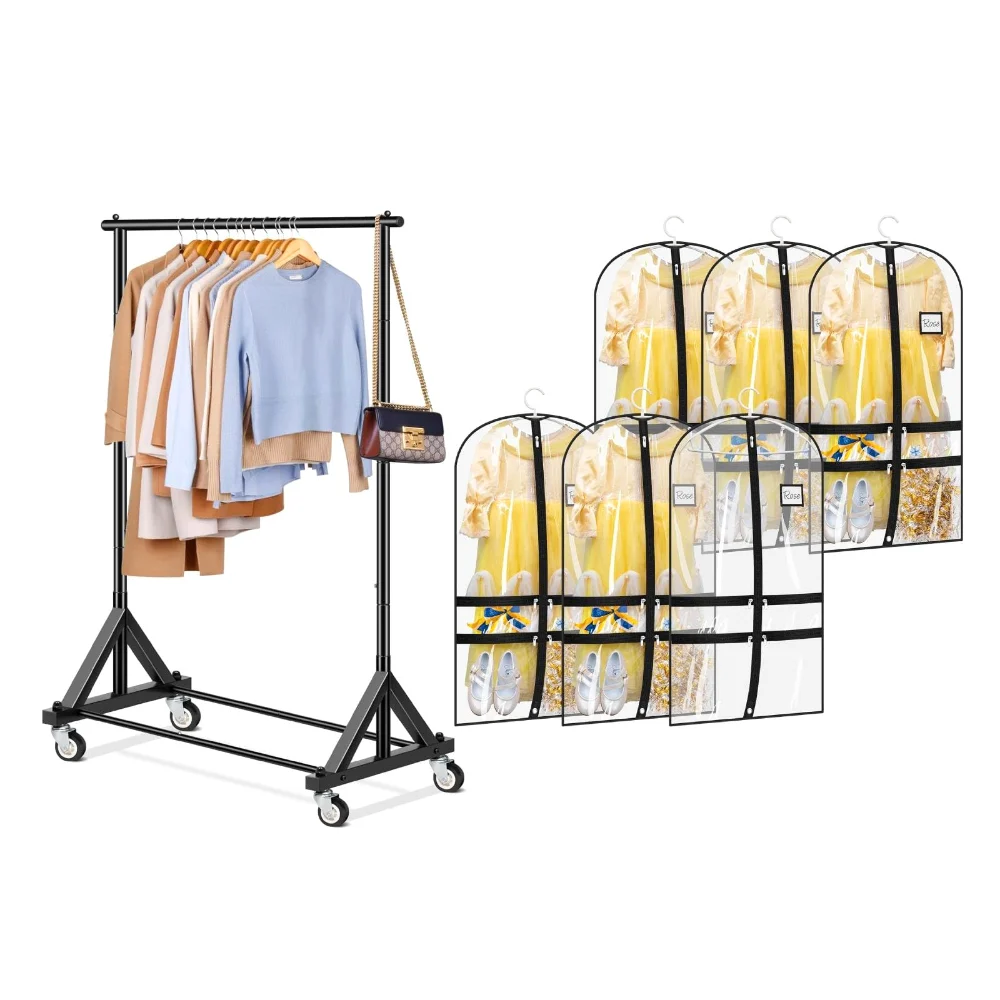 Sleeping Lamb set: Rolling clothing rack + 6-pack clear dance garment bags