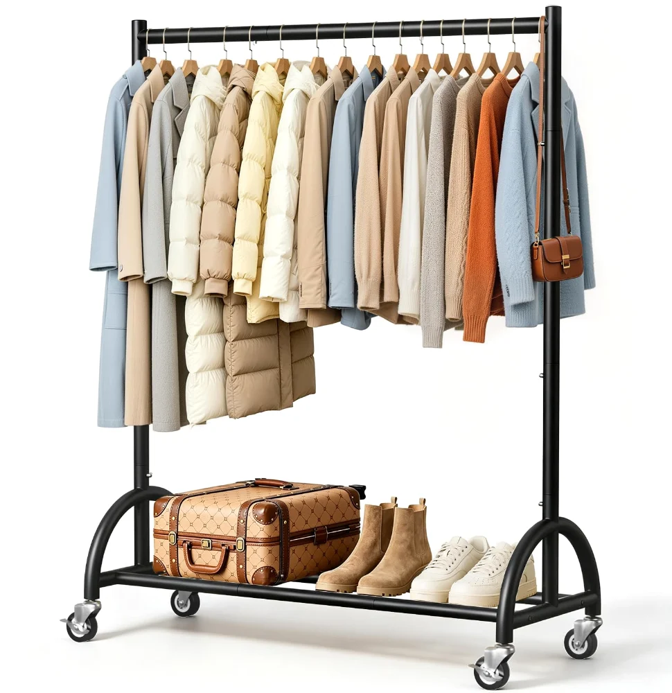 Sleeping Lamb Rolling Clothing Rack with Base Shelf, Black