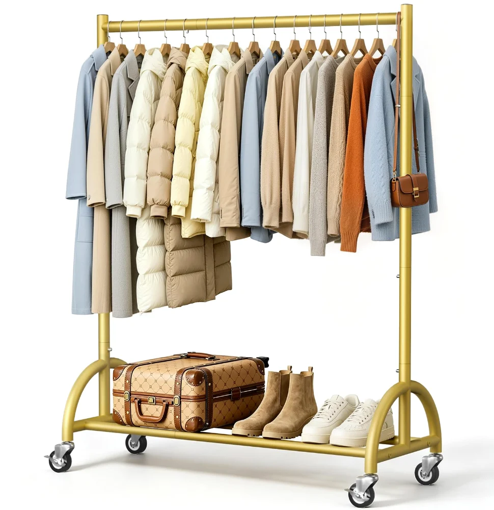Sleeping Lamb Rolling Clothing Rack with Base Shelf, Gold