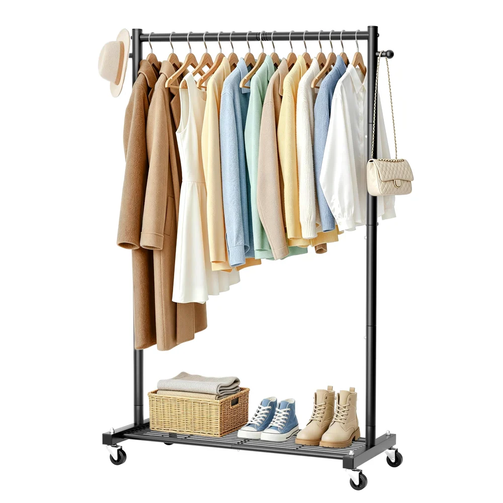 Sleeping Lamb Slim Rolling Clothes Rack with Shelves, Black, Medium, 28" wide
