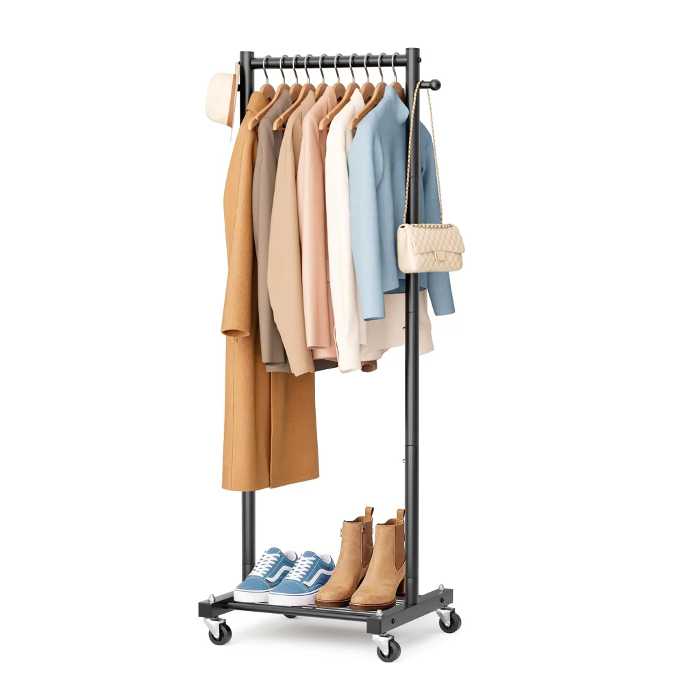 Sleeping Lamb Slim Rolling Clothes Rack with Shelves, Black, Small, 18.5" wide