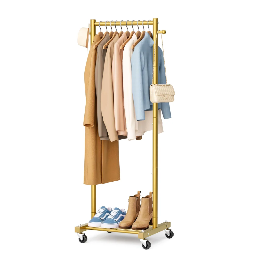 Sleeping Lamb Slim Rolling Clothes Rack with Shelves, Gold
