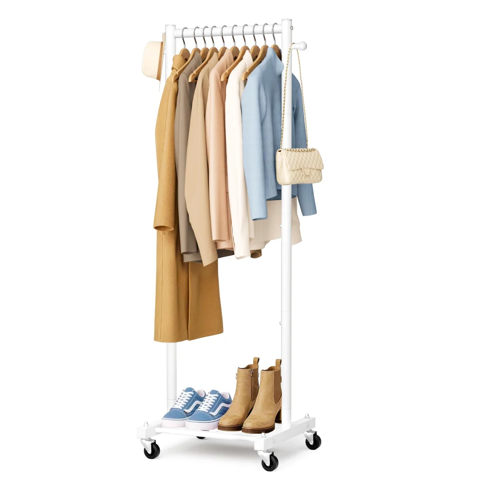 Sleeping Lamb Slim Rolling Clothes Rack with Shelves, White, Small, 18.5" wide