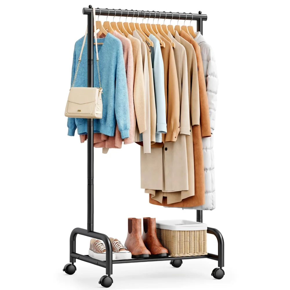 Sleeping Lamb Small Rolling Clothes Rack with Bottom Shelf, Black